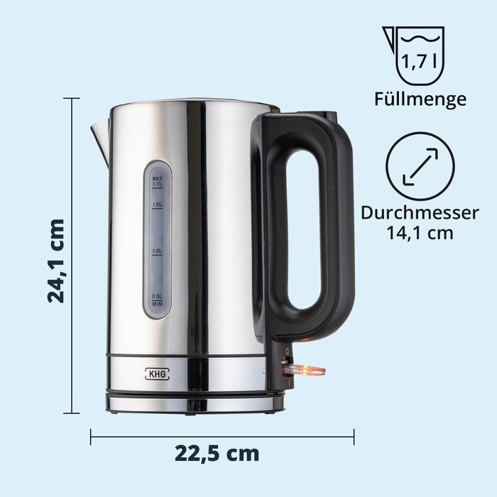 Електричний чайник KHG WK-1702 ES з нержавіючої сталі, 1,7 л, фільтр від накипу, індикатор рівня води, відкривання кнопкою, захист від сухого кипіння, автоматичне відключення, прихований нагрівальний елемент, BPA-free, 2200 Вт