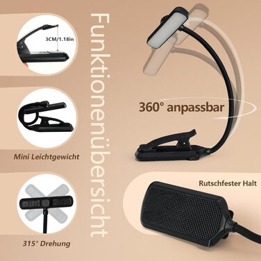 LED лампа для читання з кріпленням, 24 світлодіоди, регульована яскравість, 3 режими температури кольору, USB-C, гнучкий поворот на 360°, захист очей, для дорослих та дітей