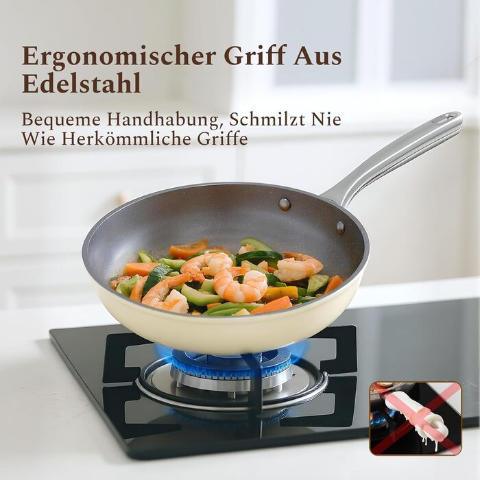 Набір сковорідок Koch Kode: керамічне покриття, 20/24/28 см, з нержавіючою ручкою, для індукційних плит, без PTFE та PFOA, безпечне для здоров'я, бежевий (20 см)