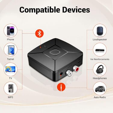 Bluetooth аудіоприймач 6.0 з LDAC Hi-Res декодуванням, сертифікований Hi-Res Audio, з 3.5mm та RCA виходами, сумісний з колонками, підсилювачами, автомагнітолами