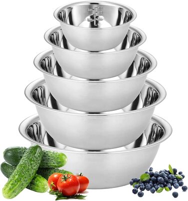 Набір з 5 штук містких металевих чаш GBACHOOSE: 0.58L, 0.9L, 1.6L, 2.05L, 2.6L. Ідеально підходять для приготування, змішування, подачі та зберігання. Зручні, стійкі, легко миються.