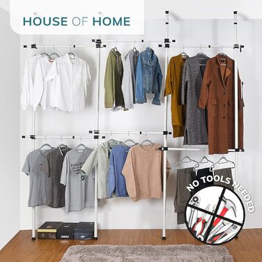 Robust, triple-extendable clothes rod by House of Home – Replacement for closet rod – Adjustable shelf support – Clothes storage