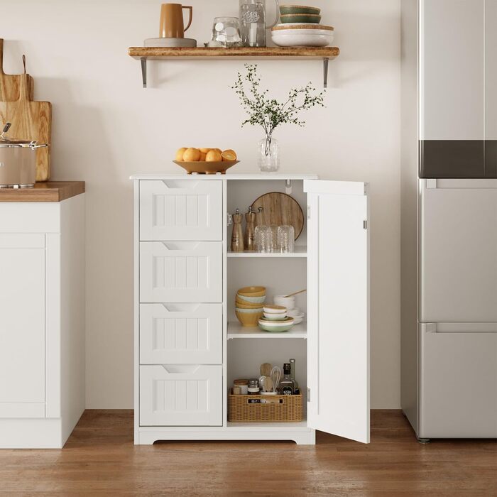 Bealife Bathroom Cabinet, Narrow Vanity Storage Cabinet with 4 Drawers, Cupboard Door, Adjustable Partition, Suitable for Bathroom, Living Room, Kitchen, Hallway