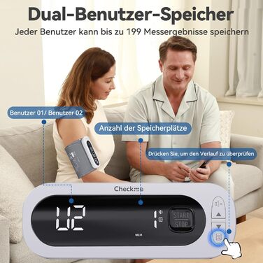 Тонометр на плечі CheckMe BP2A Nexus з великим дисплеєм, середнє значення за 3 вимірювання, бездротова манжета (22-42 см), додаток для iOS/Android, легке читання та професійна точність