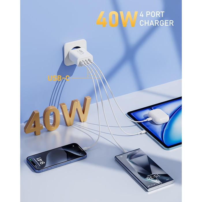 Мережевий адаптер USB C 40W з 4 портами, зарядний пристрій для iPhone, iPad, Samsung та інших пристроїв