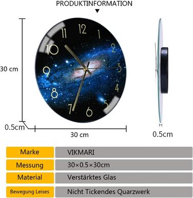 VIKMARI Glass Wall Clock Silent-Non Ticking Wand Clocks - Quality Quartz Battery-Operated Round 12 Inch (Night Sky Pattern)
