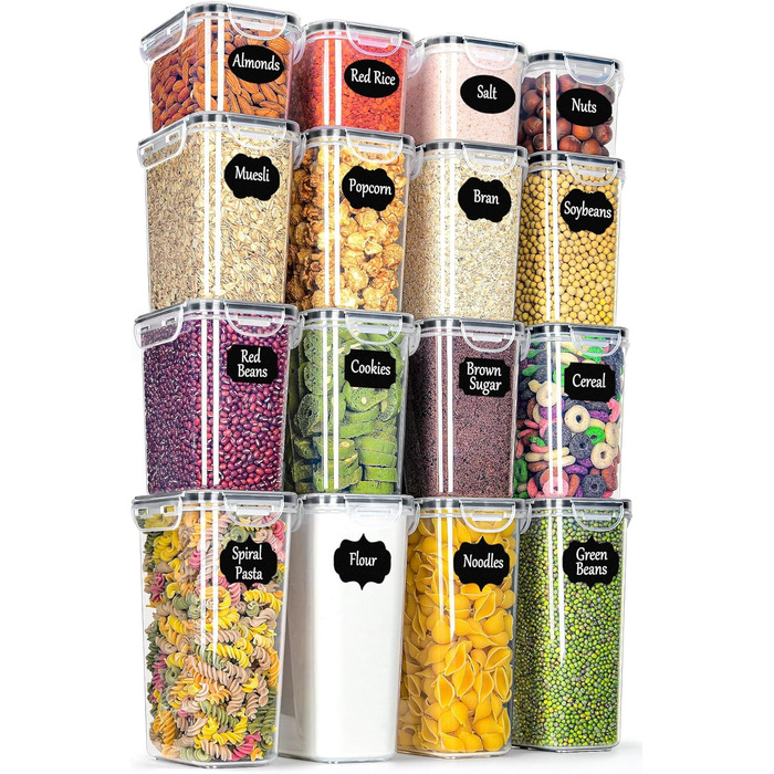 Набір контейнерів для продуктів з кришкою, 16 шт. BPA Free, герметичні, для зберігання крупи, борошна, цукру. Органайзери для кухні з етикетками