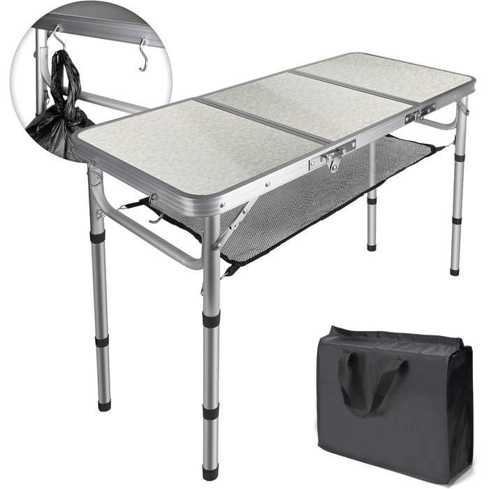 Складаний туристичний стіл CPROSP 90x40 см, регульована висота 26-70 см, срібний