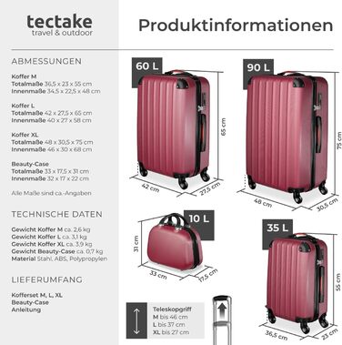 Набір валіз Tectake 4-TLG: міцні валізи з колесами 360°, TSA-замком, великий об'єм, роздільний внутрішній простір, ручна валіза на телескопічному стійці - шампань (винно-червоний)