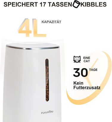 Автоматичний годівниця для котів FUKUMARU з Wi-Fi, 4L, з двома мисками, програмуванням часу, акумулятор та живлення від мережі, білий колір