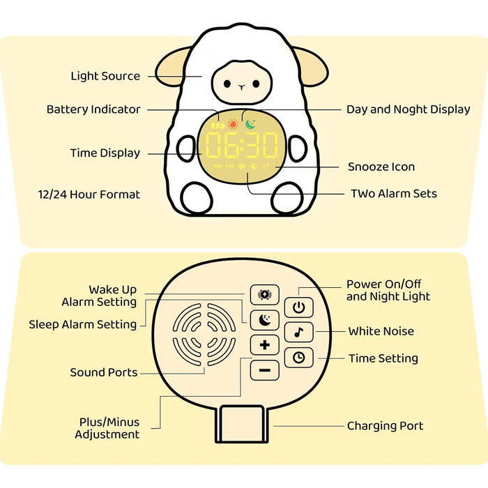 Alarm clock with night light for children, featuring sleep training and sound machine functions, rechargeable silicone wake-up lamp, cute animal table lamp, perfect sleep companion for boys and girls.