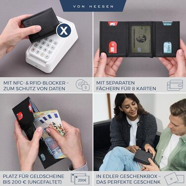 Шкіряний тонкий гаманець VON HEESEN з RFID захистом — компактний картхолдер та портмоне для чоловіків та жінок, чорний (без монетниці)