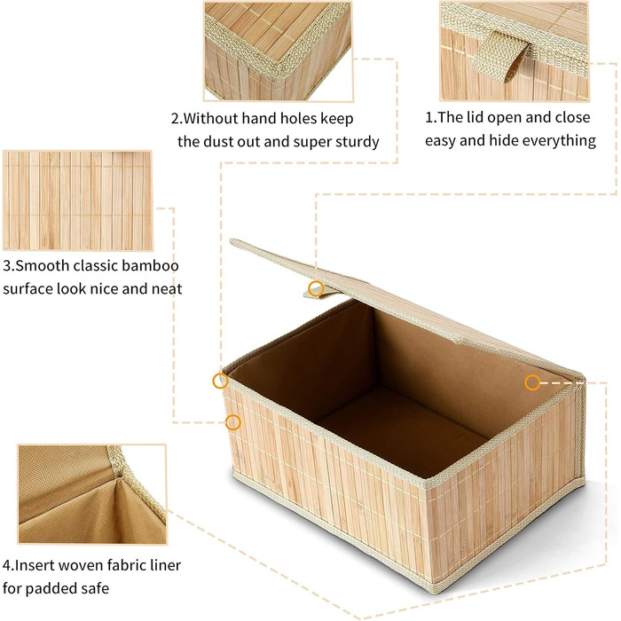 Honeycomb Storage Basket with Lid, Woven - Bamboo Decor Storage Boxes, Set of 3 Rattan Basket with Lid, Woven Fabric Insert for Bathroom, Kitchen, Shelf Organization (Large/Medium/Small)