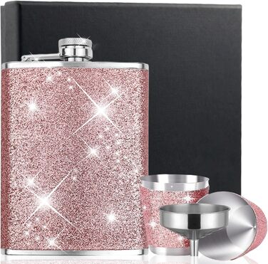Фляга з нержавіючої сталі з воронкою та 2 склянками для шнапсу, рожевий стакан для шотів, портативна фляга, пляшка для віскі, шкіряна 8oz/240ml, для подорожей, вечірок, кемпінгу, подарунок