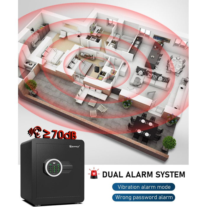 Сейф Kavey 42L з цифровим замком та подвійним сигналом тривоги, з LED-підсвіткою та висувним ящиком
