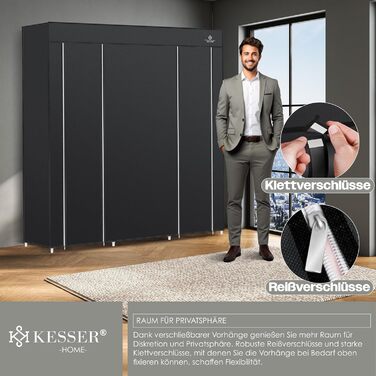 KESSER® Wardrobe Fabric Wardrobe Stable with Clothes Rail & Shelves, Incl. 5x Clothes Hangers, Fabric Folding Wardrobe for Bedroom, Dressing Room Closet with Clothes Rack 150x45x175cm Black