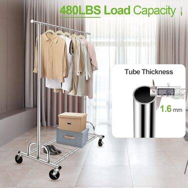 Heavy-Duty Clothes Rack, SPECILITE 2-in-1 Clothes Rack Stable with Wheels and Shelves, Load Capacity 217 KG, Adjustable Metal Heavy-Duty Garment Rack on Wheels