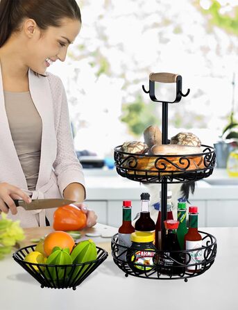 Двоярусний кошик для фруктів Couwilson з підвіскою для бананів та дерев'яною ручкою - органайзер для фруктів, овочів, хліба, цибулі, картоплі (Чорний)