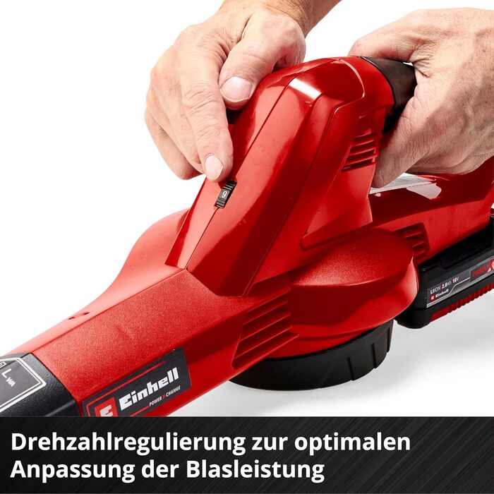 Акумуляторний повітродув Einhell GC-CL 18 Li E Kit, 18В, 210 км/год, регулювання швидкості, м'яка ручка, акумулятор 2,0 А·год і зарядний пристрій, Power X-Change
