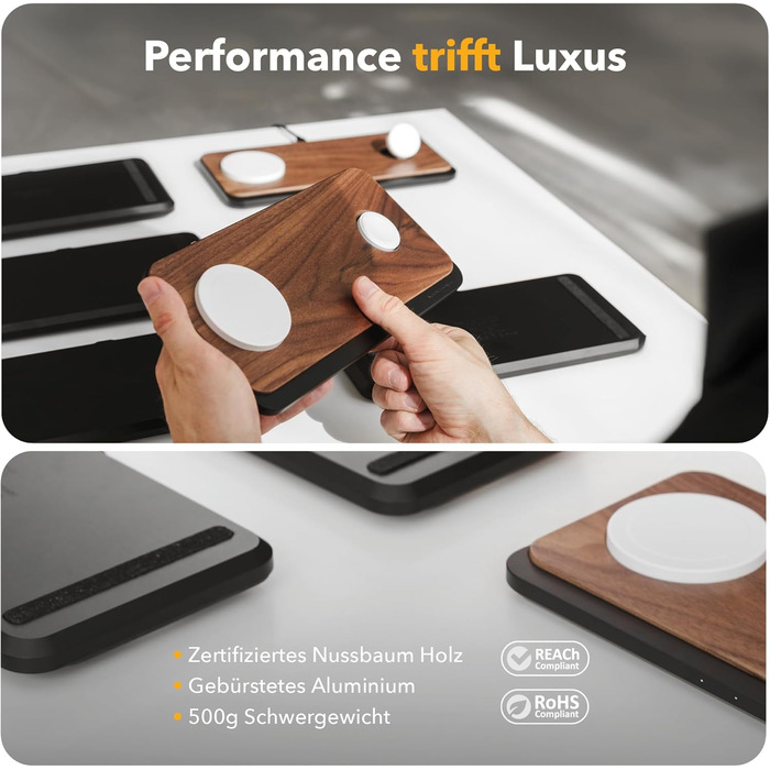 Woodcessories Multibase Pro: Бездротова зарядка 3-в-1 для iPhone, Apple Watch, AirPods з адаптером 45W - Walnut Wood