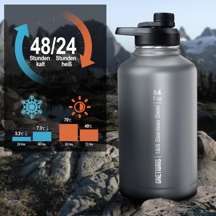 OneTigris Stainless Steel Water Bottle, 1.9L High Capacity, Insulated Sports Bottle for Cycling, Camping, Yoga, Gym, Softair, OD Green, 64oz (Gray)