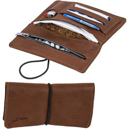 SIMARU Leather Tobacco Pouch for 30g Tobacco Bag, Roller Pouch made of Genuine Leather with Filter Compartment & Rolling Paper Holder (Brown)