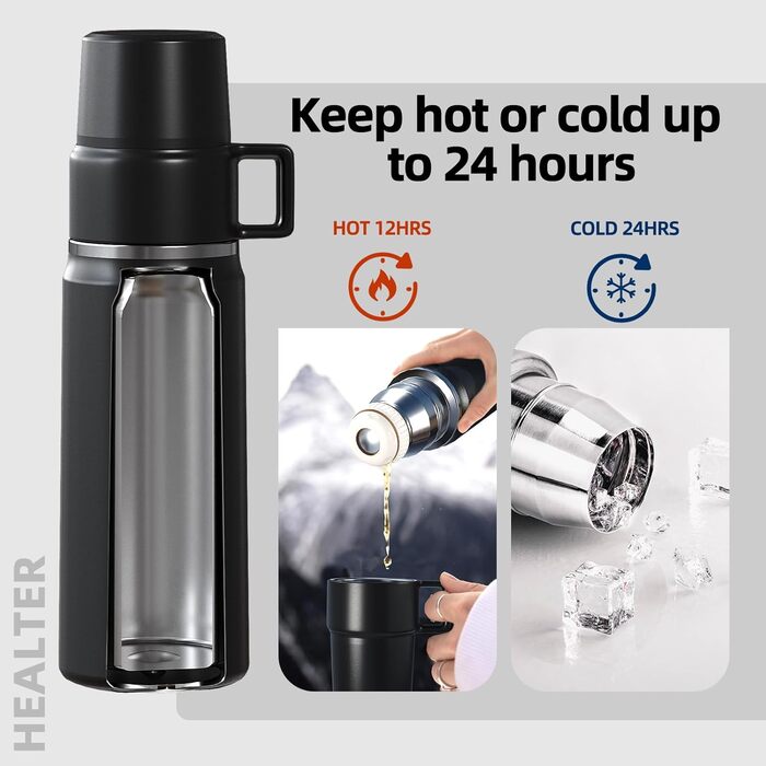 Термос-термокружка 850 мл з чашкою, нержавіюча сталь, ізольована пляшка, для кави, чаю, напоїв, 12h тепла/24h холоду, без BPA, для кемпінгу, відпочинку на природі (зелений)