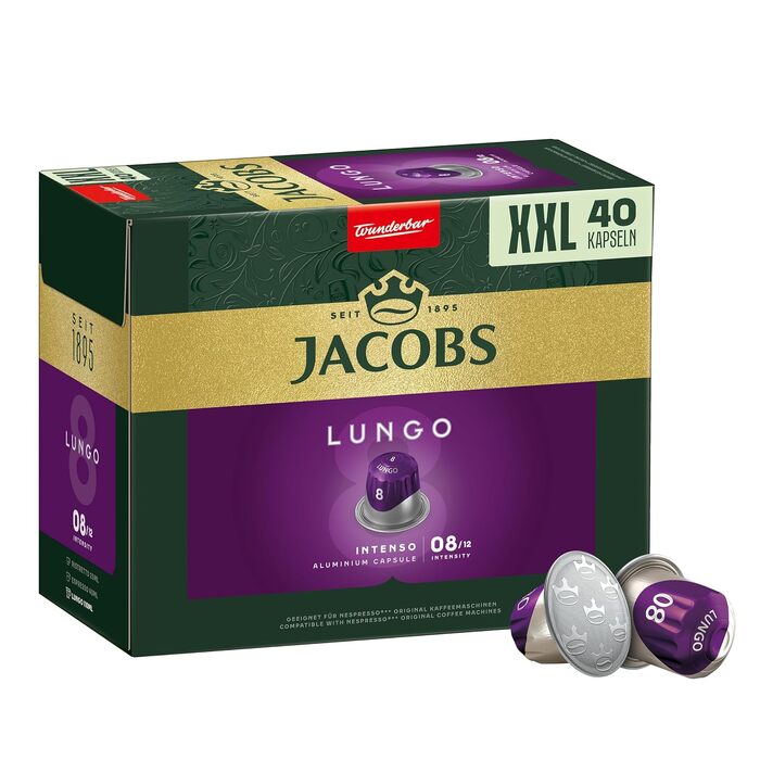 Кавові капсули Jacobs Lungo Intenso для Nespresso, інтенсивність 8/12, набір 200 капсул (5х40 шт), XXL упаковка