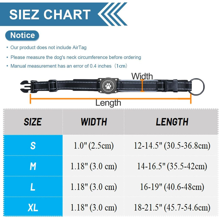 Світловідбиваючий нашийник для собак AirTag, водонепроникний, середній розмір (30.5-38 см), чорний