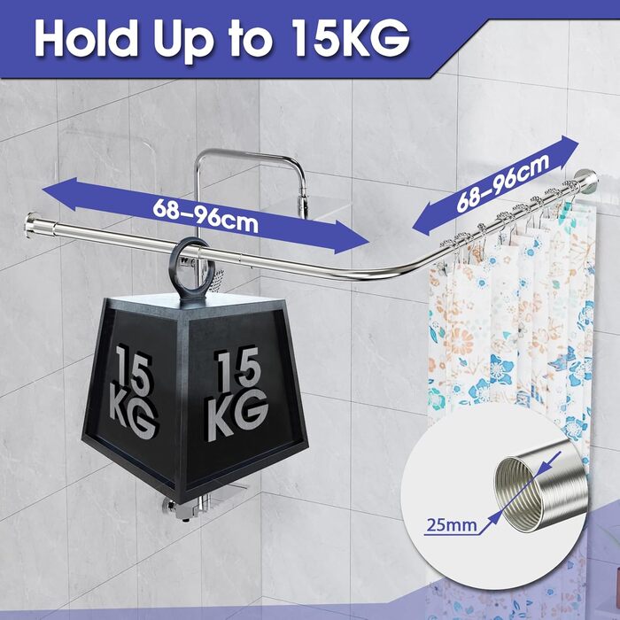 Регульована кутова штанга для душу L-Form, 68–96 см × 68–96 см, нержавіюча сталь, вологостійка та антикорозійна, з 12 кільцями та комплектом кріплень, срібна