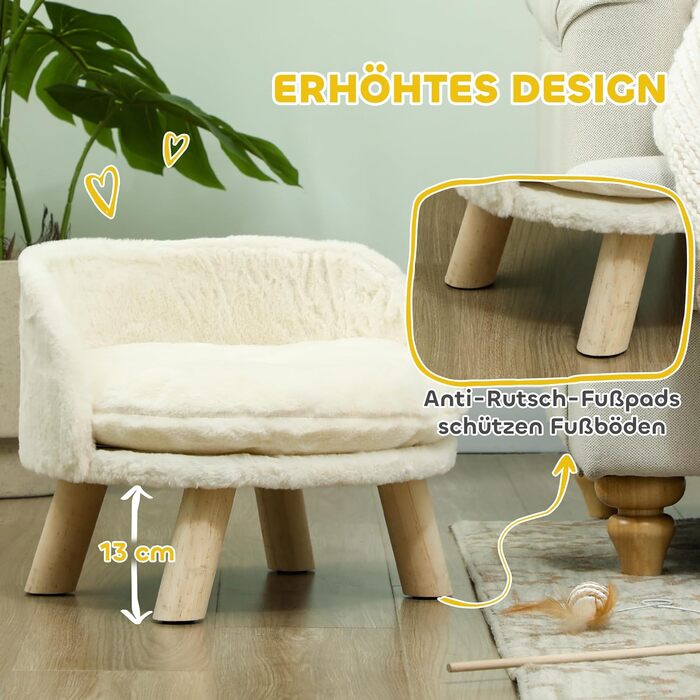 PawHut Софа для собак з подушкою, дерев'яні ніжки, миється, підняте ліжко для домашніх тварин, софа для котів та маленьких собак, 40,5 x 40,5 x 33 см (кремово-білий)