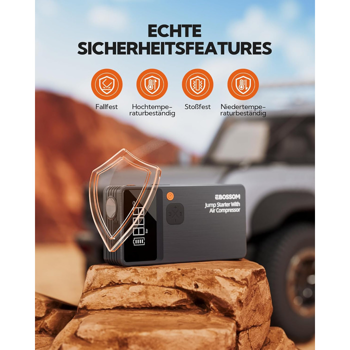Powerbank Starthilfe JC8-12000mAh: Powerbank для авто з компресором, 12000mAh, LED-лампа, USB-C, ресeт-комплект