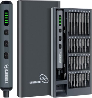 Міні-шуруповерт STREBITO 70-в-1: комплект з 64 бітами, 5 режимів крутного моменту, LED-підсвічуванням, сірий
