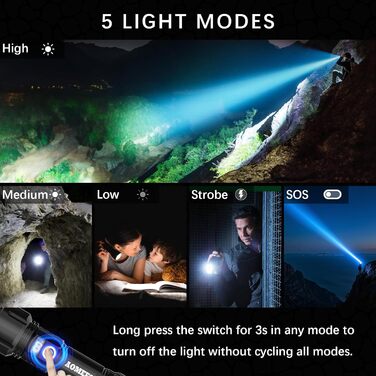 Ліхтарик AOMEES LED, 200000 люмен, акумуляторний, USB/Type-C, водонепроникний IPX4, 5 режимів, для кемпінгу та екстрених ситуацій з безпечним молотком