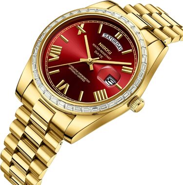 Годинник NIBOSI для чоловіків: аналоговий кварцовий годинник з діамантовою лускою, сталевий циферблат рожевого золота, срібний, водонепроникний, бізнес-стиль, класичний годинник з датою та індикатором дня тижня (золотий, червоний)