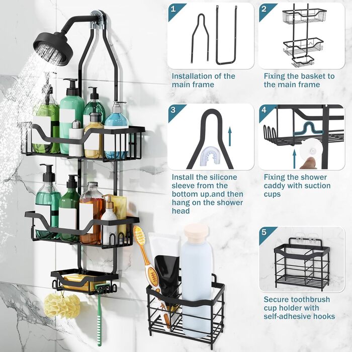 Настінна поличка для душу з тримачем для зубних щіток, нержавіюча сталь, 12 гачків, без свердління, органайзер для ванної кімнати