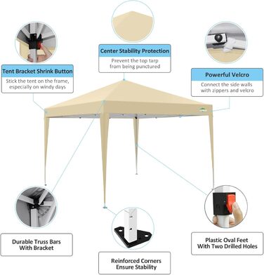 COBIZI Gazebo 3x3 Waterproof, Stable, Winter-Proof Foldable Gazebo 3x3 with 4 Side Walls Outdoor Pop-up Gazebo Folding 3x3m UV Protection 50+ Garden Tent Party Tent Folding Party Tent incl. Bag (Khaki)