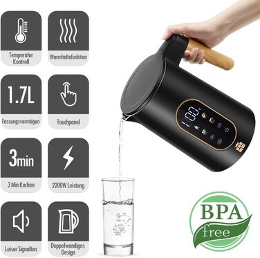 ForMe Stainless Steel Kettle 1.7 L with Temperature Setting, Temperature Selection 40-100°C, LED Digital Temperature Display, Adjustable Kettle, Tea Pot/Kettle, Keep-Warm Function, BPA Free