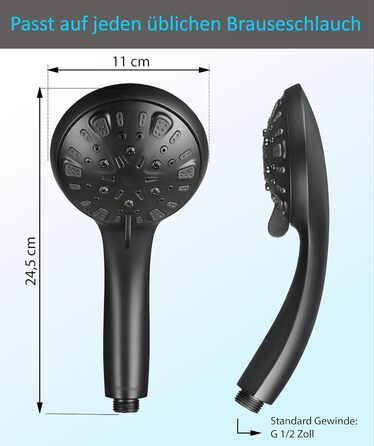 BLUMBACH® Water-Saving Shower Head - High-Pressure Aqua Joy Shower Head - 8 Spray Patterns, Pressure-Boosting Shower Head, Shower Head, Water-Saving Shower Head, High Water Pressure Strong Jet (8L/Min. 8 Spray Patterns / Water-Saving Shower Head Black)