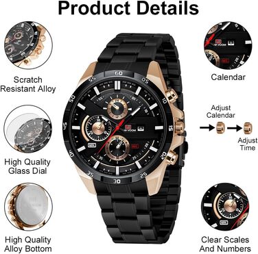 Годинник чоловічий OFFCUP з датою, кварцовий хронограф, водонепроникний, з нержавіючої сталі, для бізнесу та повсякденного носіння (рожеве золото/чорний)