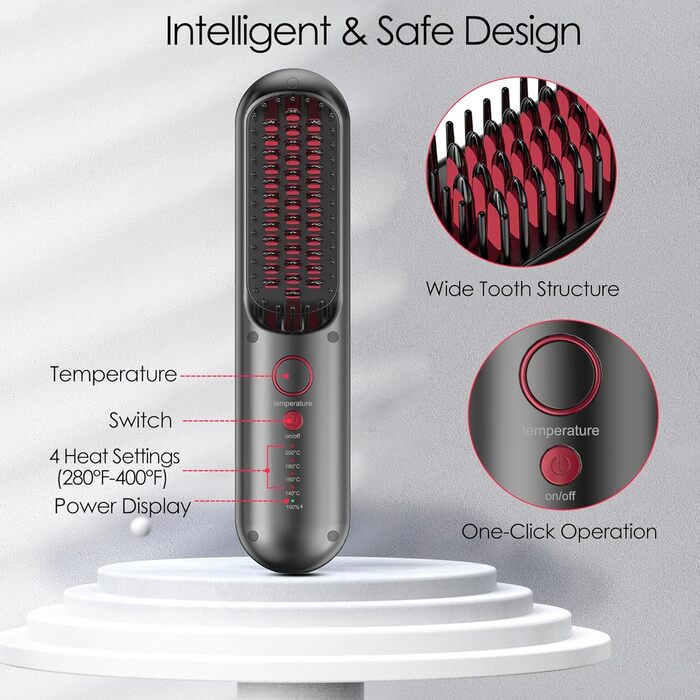 Бездротова щітка для випрямлення волосся – портативна щітка для подорожей, міні-щітка для випрямлення волосся для жінок, зарядка USB-C, керамічне покриття, легка для корекції, захист від опіків, чорно-червона
