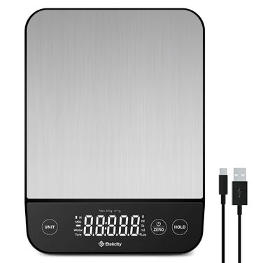 Etekcity Digital Kitchen Scale - 1g Precision, 10kg Capacity, LED Display, Tare Function, USB Rechargeable, Stainless Steel