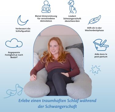 Вагітне подушка Ella, U-подібна подушка для сну на боці, U-подушка, подушка для годування з бавовняним чохлом, подушка для тіла та підтримки для жінок, для сну на боці - 140 x 80 см, сіра U, бавовна