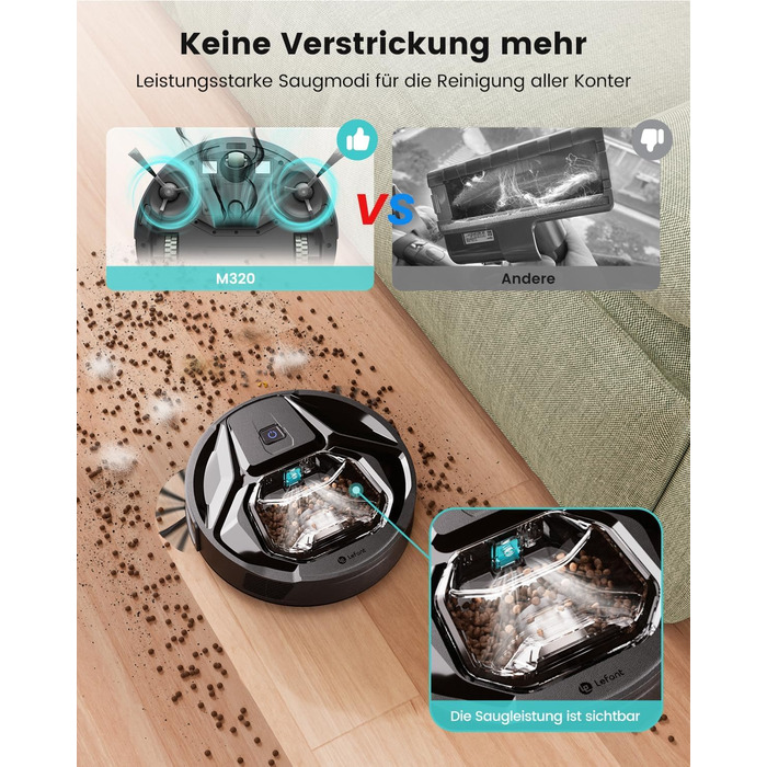 Робот-пилосос LEFANT M320 з функцією миття, потужність 6000 Па, уникнення перешкод, розпізнавання килимів, керування через додаток/Alexa, зона заборони, чорний