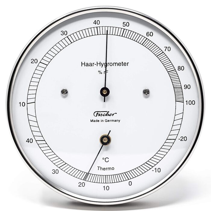 Fischer 111.01T - Hair Hygrometer & Thermometer - 103mm Outdoor Humidity Meter Made in Germany – Stainless Steel Silver