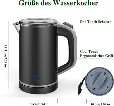 Електричний чайник MiliPow 0.8 л, 600W, для подорожей, з нержавіючої сталі, швидкий, з автовимкненням (чорний)