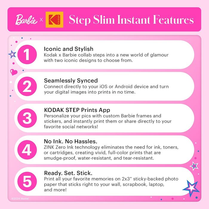 Фотодрук Kodak Barbie x Step Slim Wireless: миттєвий друк, Bluetooth, 2x3” наклейки, iOS/Android