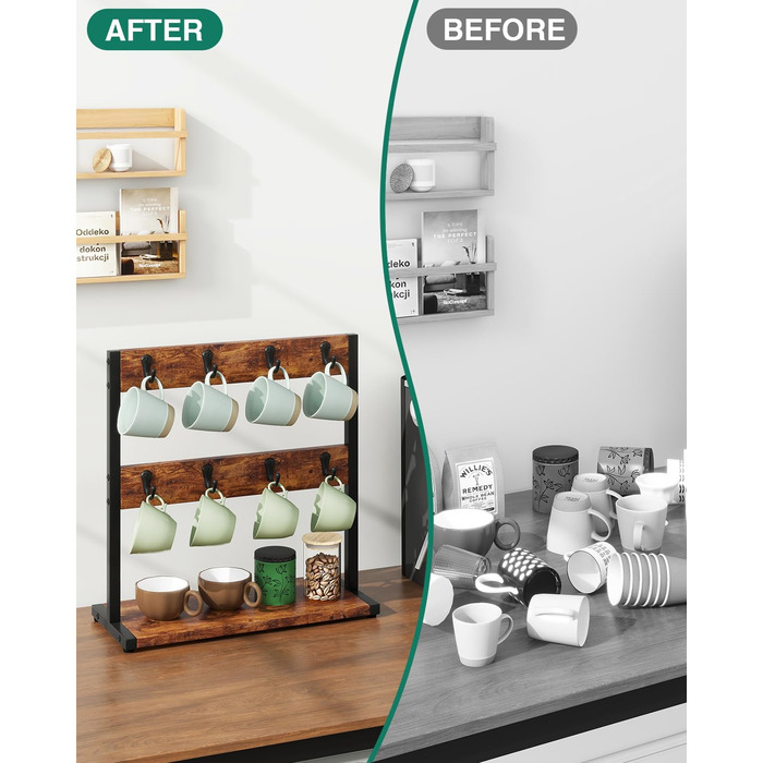 Vintage Mug Holder with 8 Hooks, Coffee Cup Holder for Countertop, Cup Stand with Storage Bottom, for Kitchen Dining Room Cafe 40 x 15 x 40 cm, TBJ002H (without shelf, Vintage Brown)