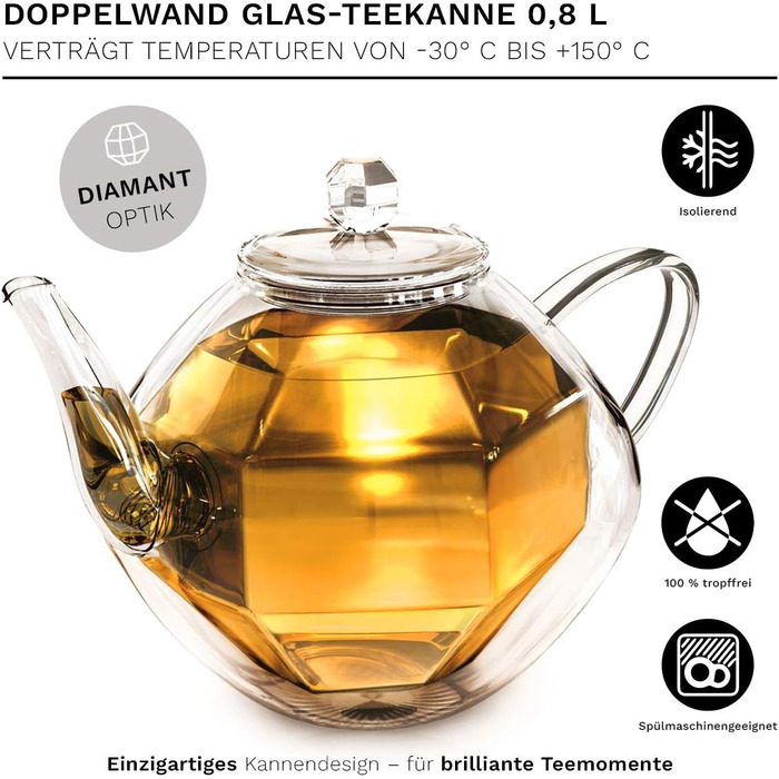 Скляна чайник Creano Diamond-Design з подвійними стінками та термо-ефектом, 800 мл, з ситечком | 1 шт.