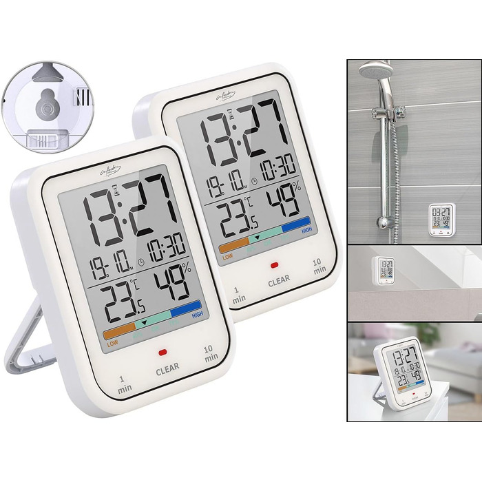 infactory Bathroom Radio Clock: Digital Funky Bathroom Wall Clock with Thermometer, Aluminum, Suction Cups, IP24 (Digital Bathroom Radio Clock, Clock, Gift Ideas) (2-Piece Set Bathroom Clock)